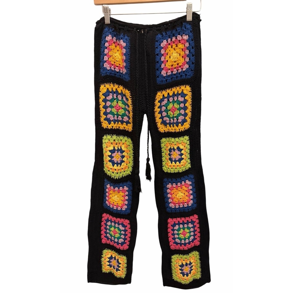 Free People x Flook Slouchy Crochet Trousers Black Granny Square Sz Medium